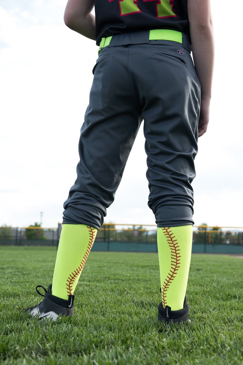MadSportsStuff Softball Socks with Stitches Over the Calf (Neon Yellow/Red, Small) - Image 2